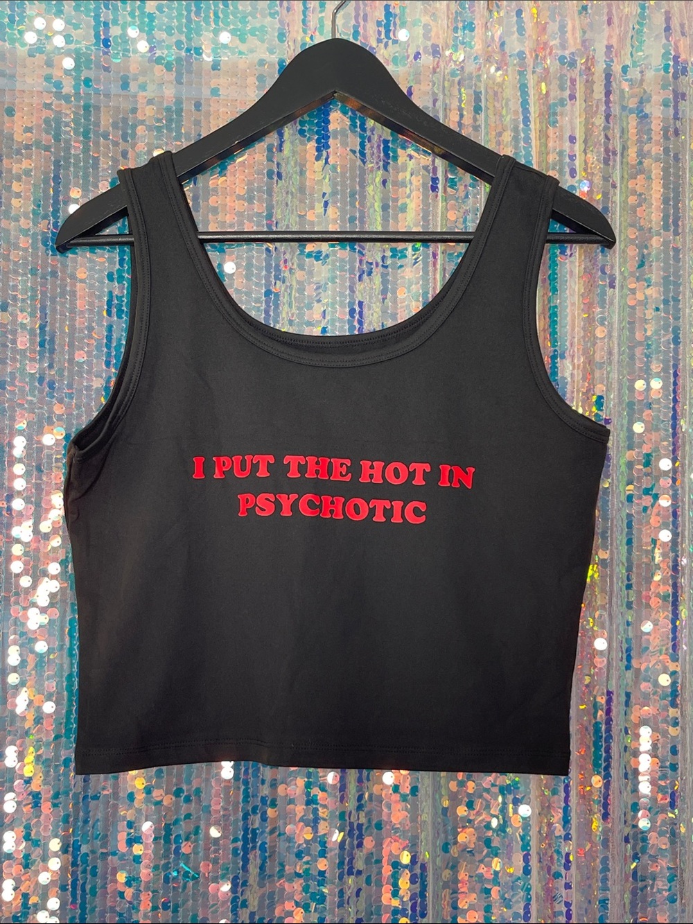 Black Graphic Crop Tank Top “I put the hot in psychotic” Large
